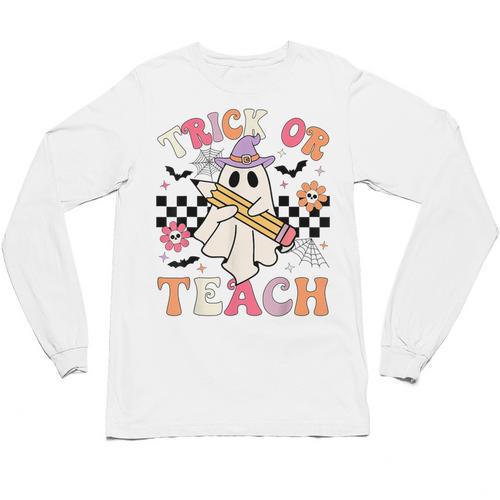 Trick Or Teach Groovy Teacher Halloween Retro Floral Ghost Unisex Long Sleeve T-Shirt - teacherstshirts.com DE