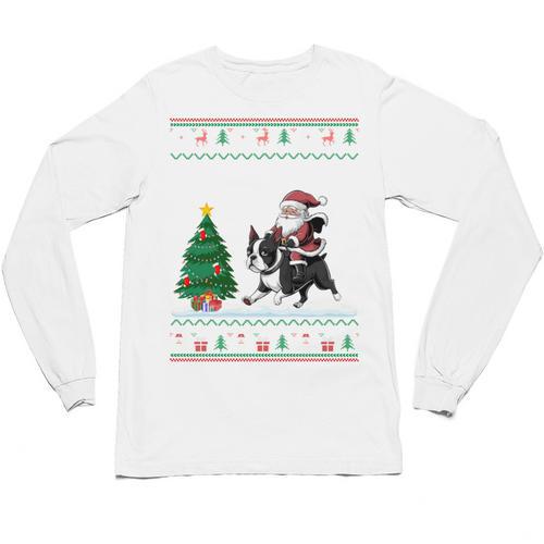 Ugly Christmas Tree Lights Xmas Santa Riding Boston Terrier Unisex Long Sleeve T-Shirt - Bostonterriersmerch.com