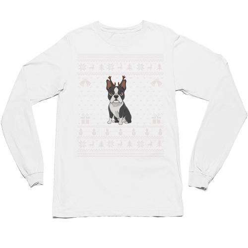 Ugly Xmas Sweater Style Boston Terrier Reindeer Christmas Unisex Long Sleeve T-Shirt - Bostonterriersmerch.com
