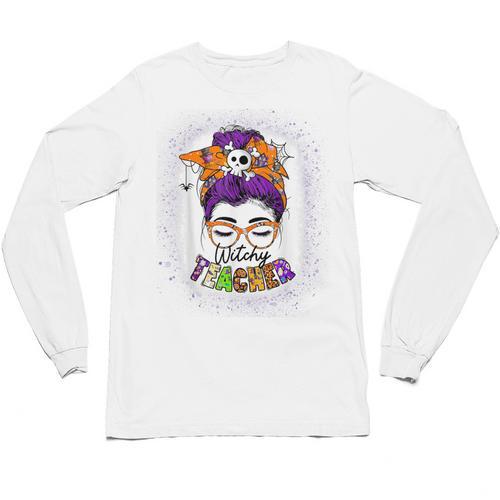 Witchy Teacher Halloween Messy Bun Teacher Bleached Unisex Long Sleeve T-Shirt - teacherstshirts.com UK