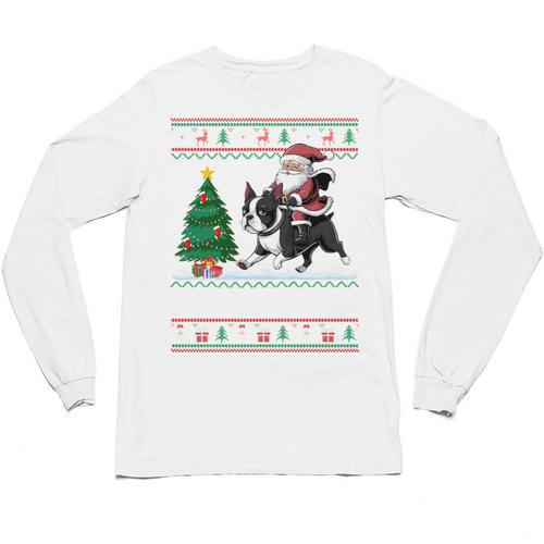 Xmas Tree Lighting Santa Riding Boston Terrier Christmas Unisex Long Sleeve T-Shirt - Bostonterriersmerch.com