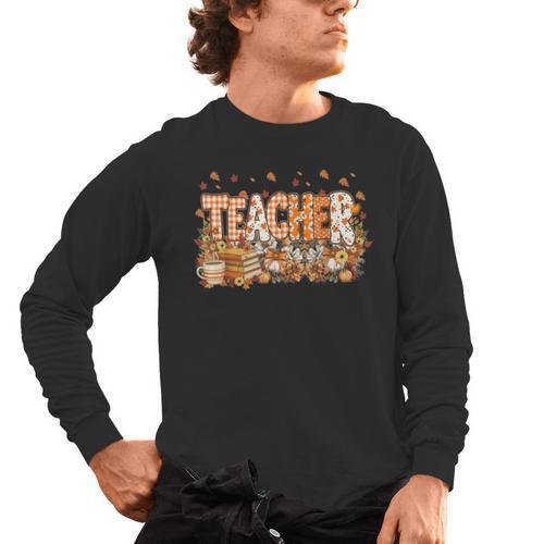 Autumn Pumpkin Thanksgiving Coffee Floral Teacher Fall Men's Long Sleeve T-Shirt - teacherstshirts.com UK