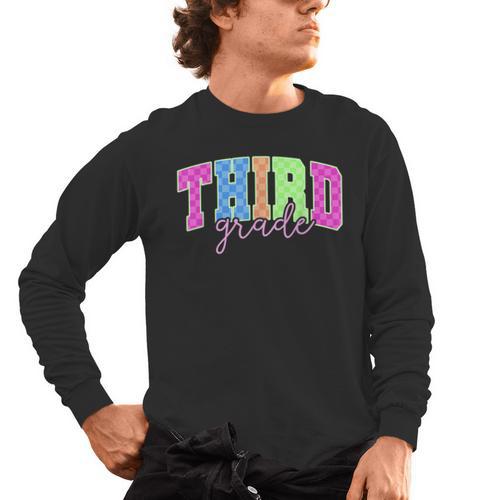 Back To School Neon Checkered Third Grade Colorful Teacher Men's Long Sleeve T-Shirt - teacherstshirts.com CA