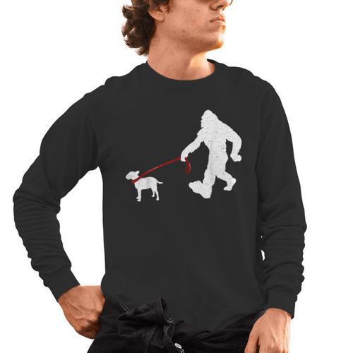 Bigfoot Walking With Bull Terrier Dog Men's Long Sleeve T-Shirt - Bostonterriersmerch.com