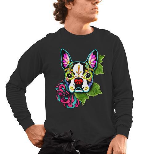 Boston Terrier In Day Of The Dead Sugar Skull Dog Men's Long Sleeve T-Shirt - Bostonterriersmerch.com