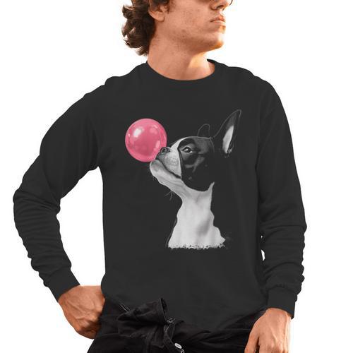 Boston Terrier Dog Blowing Chewing Bubble Gum Pink Men's Long Sleeve T-Shirt - Bostonterriersmerch.com AU