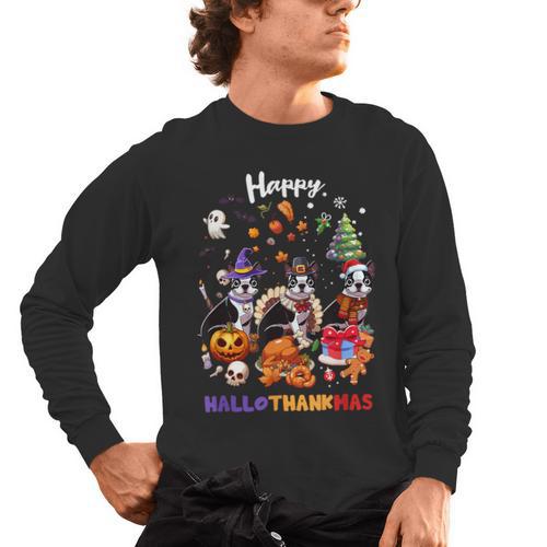 Boston Terrier Dog Christmas Happy Hallothankmas Halloween For Men Women Kids Men's Long Sleeve T-Shirt - Bostonterriersmerch.com