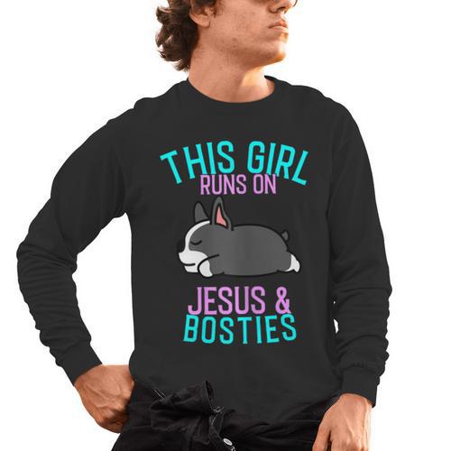Boston Terrier This Girl Runs On Jesus And Boston Terriers Men's Long Sleeve T-Shirt - Bostonterriersmerch.com