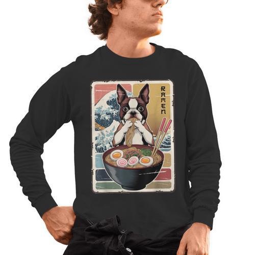 Boston Terrier Ramen Noodles Japanese Art Retro Ocean Waves Men's Long Sleeve T-Shirt - Bostonterriersmerch.com UK