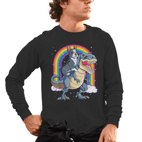 Boston Terrier Riding Dinosaur T-Rex Boys Kids Rainbow Men's Long Sleeve T-Shirt - Bostonterriersmerch.com