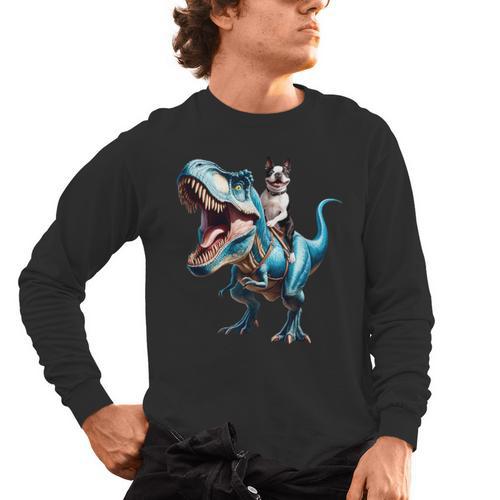 Boston Terrier Riding T-Rex Dinosaur Dog Lover Men's Long Sleeve T-Shirt - Bostonterriersmerch.com