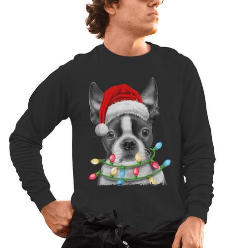 Boston Terrier Santa Christmas Tree Lights Xmas Boys Men Dog Men's Long Sleeve T-Shirt - Bostonterriersmerch.com