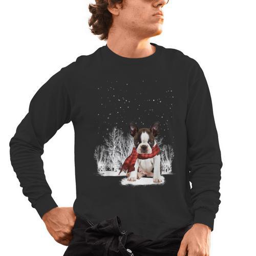Boston Terrier In The Snow Merry Christmas Winter Men's Long Sleeve T-Shirt - Bostonterriersmerch.com