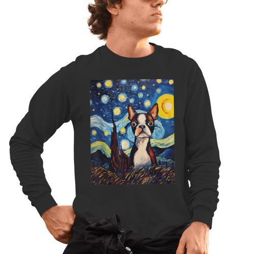 Boston Terrier Starry Night Van Gogh Art Men's Long Sleeve T-Shirt - Bostonterriersmerch.com