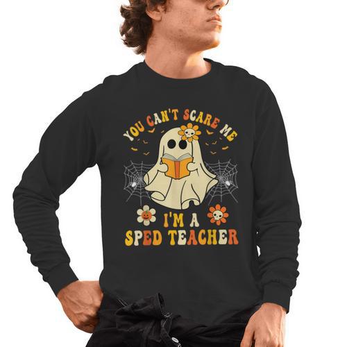 You Can't Scare Me I'm A SPED Teacher Halloween Ghost Men's Long Sleeve T-Shirt - teacherstshirts.com