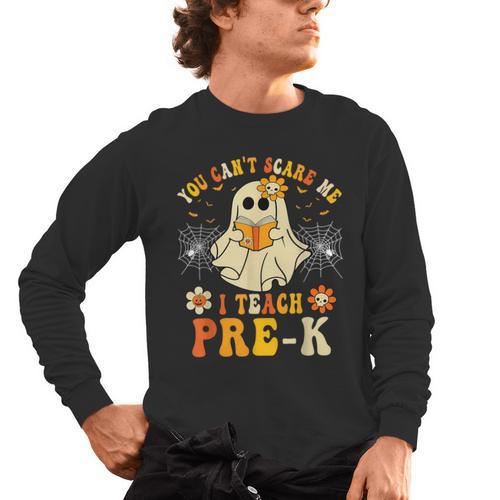 You Can't Scare Me I Teach Pre-K Halloween Teacher Ghost Men's Long Sleeve T-Shirt - teacherstshirts.com UK