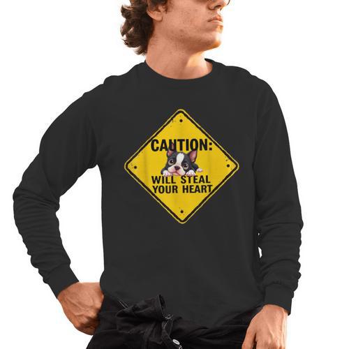 Caution Sign Boston Terrier Dog Bostie Puppy Men's Long Sleeve T-Shirt - Bostonterriersmerch.com