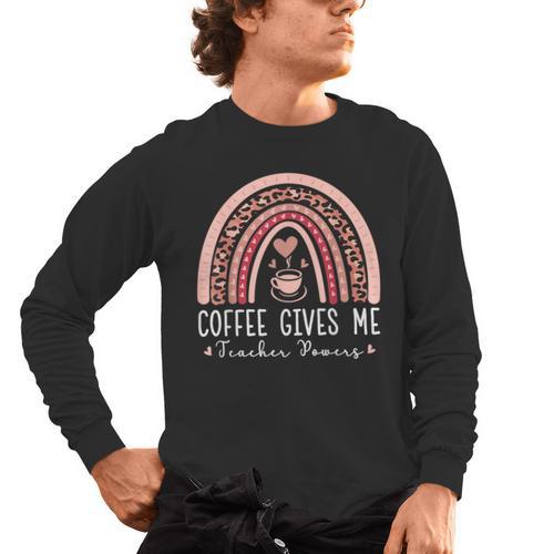 Coffee Gives Me Teacher Powers Leopard Rainbow Teacher Men's Long Sleeve T-Shirt - teacherstshirts.com CA
