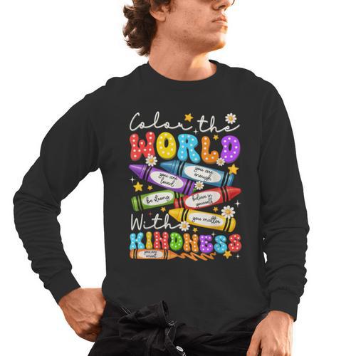 Color The World With Kindness Crayon Positivity Teacher Men's Long Sleeve T-Shirt - teacherstshirts.com UK