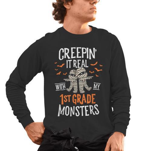 Creepin It Real With My 1st Grade Monsters Halloween Teacher Men's Long Sleeve T-Shirt - teacherstshirts.com CA