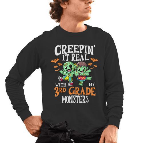 Creepin It Real Monster School 3rd Grade Teacher Halloween Men's Long Sleeve T-Shirt - teacherstshirts.com CA