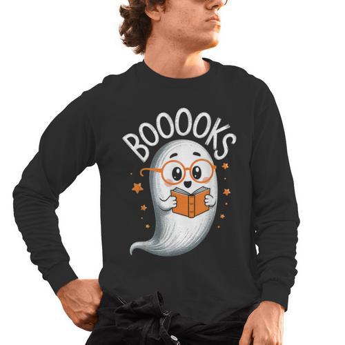 Cute Ghost Book Reading Halloween Teacher Men's Long Sleeve T-Shirt - teacherstshirts.com