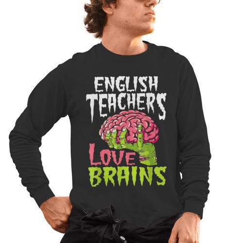 English Teachers Love Brains Zombie Teacher School Halloween Men's Long Sleeve T-Shirt - teacherstshirts.com UK