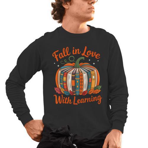 Fall In Love With Learning Book Lover Autumn Pumpkin Teacher Men's Long Sleeve T-Shirt - teacherstshirts.com DE