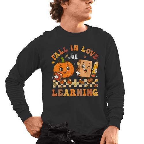 Fall In Love With Reading Book Autumn Pumpkins And Teachers Men's Long Sleeve T-Shirt - teacherstshirts.com UK