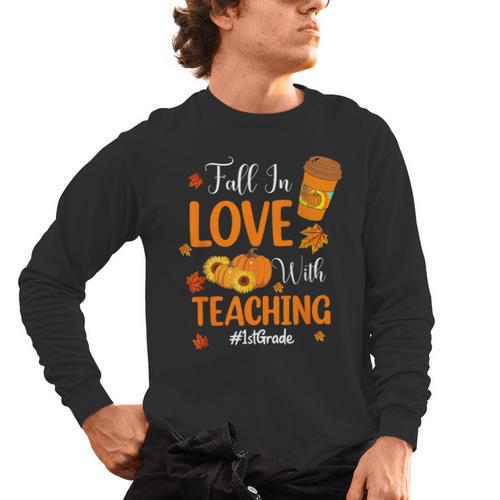 Fall In Love With Teaching 1st Grade Teacher Thanksgiving For Men Women Girls Kids Men's Long Sleeve T-Shirt - teacherstshirts.com CA
