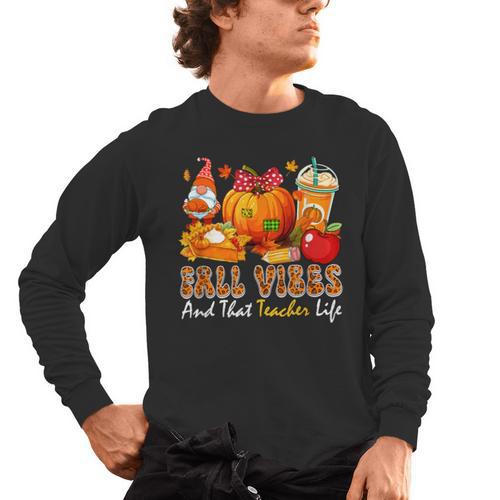Fall Vibes Costume Teacher Thanksgiving Leopard Gnome Men's Long Sleeve T-Shirt - teacherstshirts.com AU