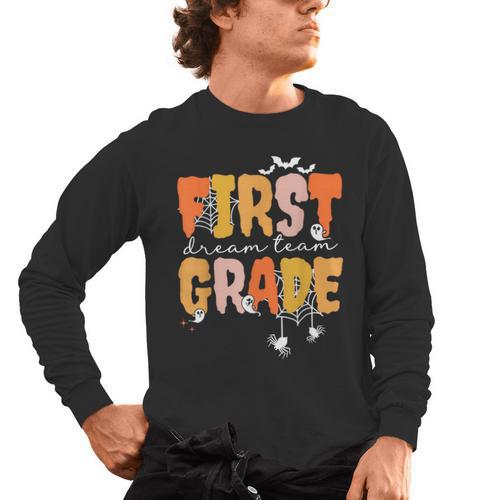 First Grade Dream Retro Team Fall Halloween Spooky Teachers Men's Long Sleeve T-Shirt - teacherstshirts.com