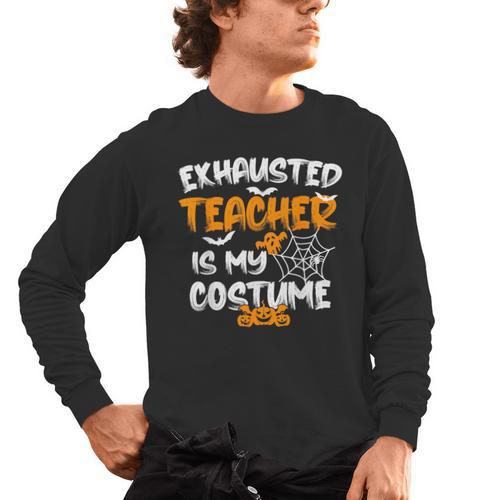 Fun Halloween Sayings Quotes Exhausted Teacher Is My Costume -Adults Short Sleeve Halloween Teacher T-Shirt Small Men's Long Sleeve T-Shirt - teacherstshirts.com AU