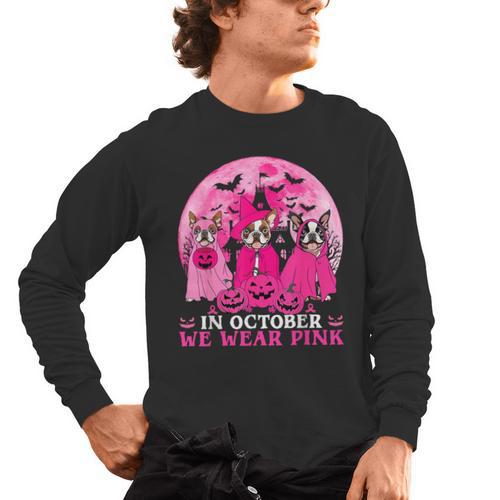 Ghost And Witch Boston Terrier Dog In October We Wear Pink Men's Long Sleeve T-Shirt - Bostonterriersmerch.com