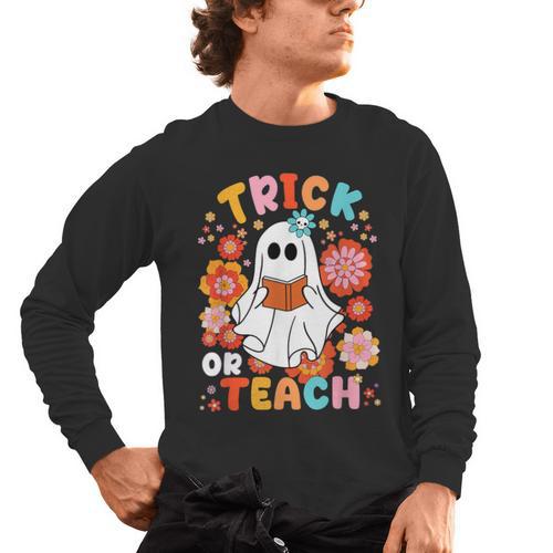 Groovy Halloween Trick Or Teach Retro Floral Ghost Teacher For Men Women Kids Men's Long Sleeve T-Shirt - teacherstshirts.com CA