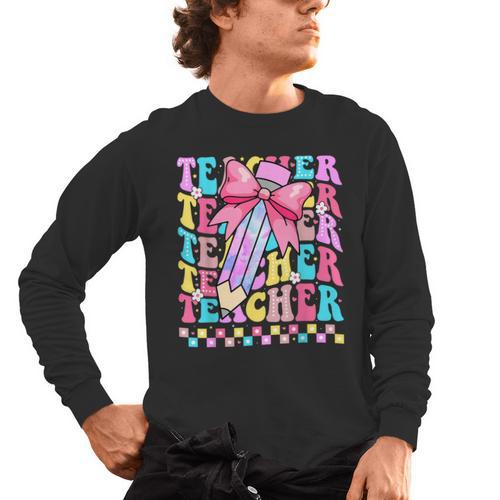 Groovy Teacher Cute Coquette Bow Flower Retro Back To School Men's Long Sleeve T-Shirt - teacherstshirts.com AU