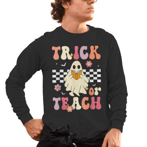 Groovy Teacher Halloween Retro Trick Or Teach Floral Ghost Men's Long Sleeve T-Shirt - teacherstshirts.com AU