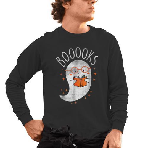 Halloween Cute Ghost Book Reading Teacher Men's Long Sleeve T-Shirt - teacherstshirts.com