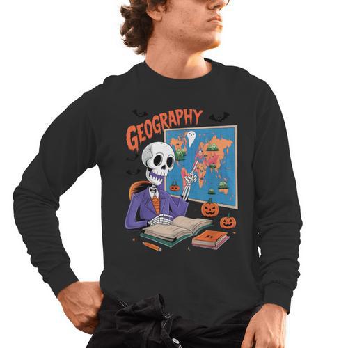 Halloween Skeleton Geography Teacher Pumpkin Bats Classroom Men's Long Sleeve T-Shirt - teacherstshirts.com