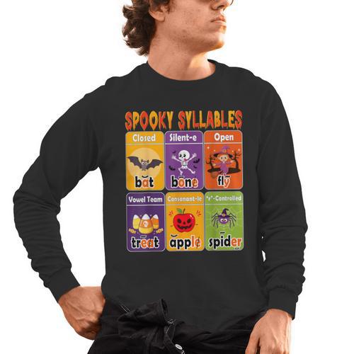 Halloween Spooky Syllable Types Teacher Educational Men's Long Sleeve T-Shirt - teacherstshirts.com UK