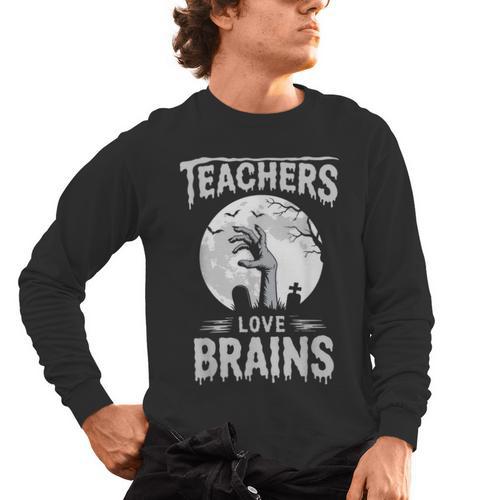 Halloween Teacher Tshirts Zombie Teachers Love Brains Men's Long Sleeve T-Shirt - teacherstshirts.com UK
