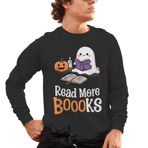 Halloween Teacher Women Cute Reading Ghost Read More Books Men's Long Sleeve T-Shirt - teacherstshirts.com CA