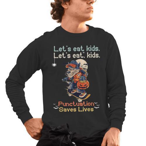 Let's Eat Kids Grammar Werewolf Halloween Teacher Men's Long Sleeve T-Shirt - teacherstshirts.com UK