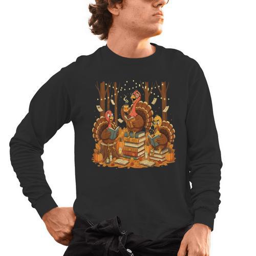Librarian Turkey Reading Book Fall Thanksgiving Teacher Men's Long Sleeve T-Shirt - teacherstshirts.com
