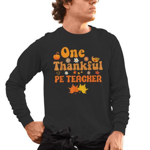 One Thankful PE Teacher Thanksgiving Fall Autumn Groovy Men's Long Sleeve T-Shirt - teacherstshirts.com AU