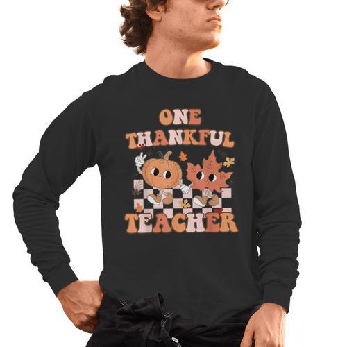 One Thankful Teacher Fall Leaves Thanksgiving Retro Men's Long Sleeve T-Shirt - teacherstshirts.com