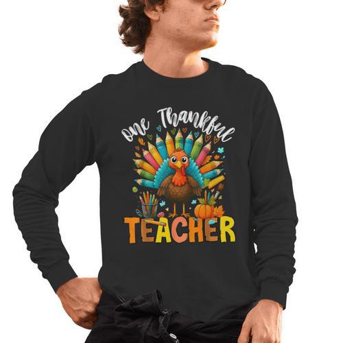 One Thankful Teacher Thanksgiving Turkey Cute Crayon Pencil Men's Long Sleeve T-Shirt - teacherstshirts.com
