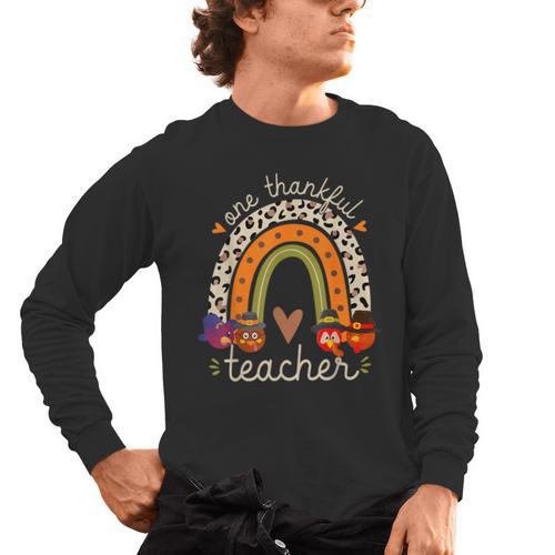 One Thankful Teacher Thanksgiving Turkey Rainbow Fall Men's Long Sleeve T-Shirt - teacherstshirts.com AU