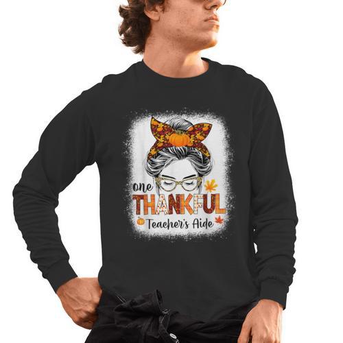 One Thankful Teacher's Aide Messy Bun Thanksgiving Fall Men's Long Sleeve T-Shirt - teacherstshirts.com