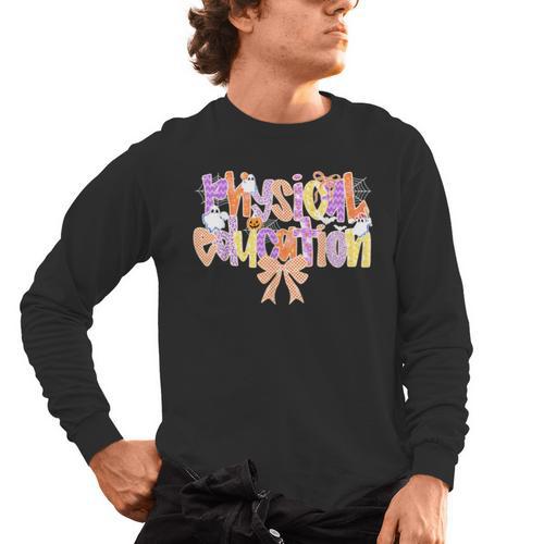 Physical Education Halloween Bow Checkered Teacher Ghost PE Men's Long Sleeve T-Shirt - teacherstshirts.com CA